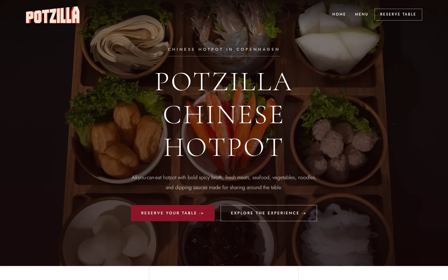 Potzillas hjemmeside vist med restaurantens hotpot-univers og bookingmulighed