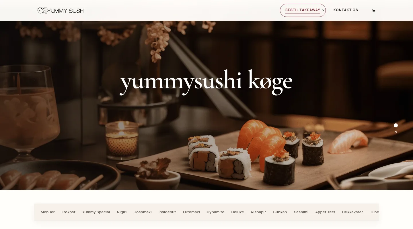 Yummy Sushis hjemmeside med menukort og online bestilling